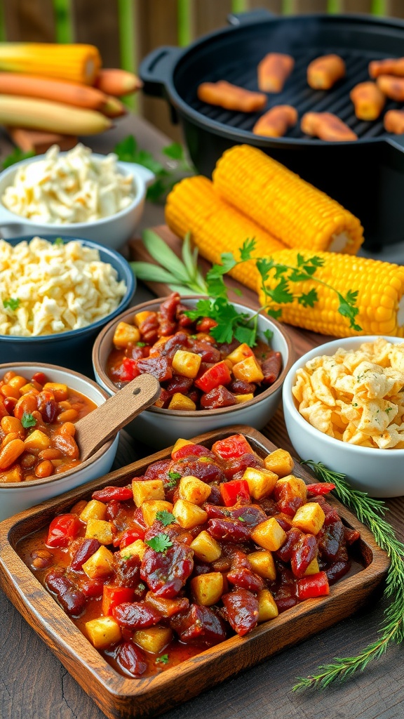 A colorful display of barbecue sides: coleslaw, baked beans, potato salad, and corn on the cob on a wooden table.